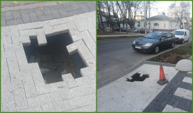 FOTO // „Treaba se face de mântuială ca de obicei”. Trotuar surpat la câteva zile după ce a fost dat în exploatare